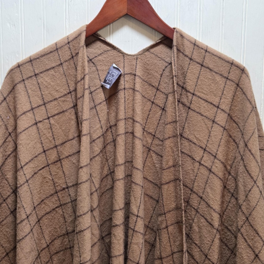 Ann‎ Taylor LOFT Sweater Cape Womens One Size Beige Plaid Open Front Fringe